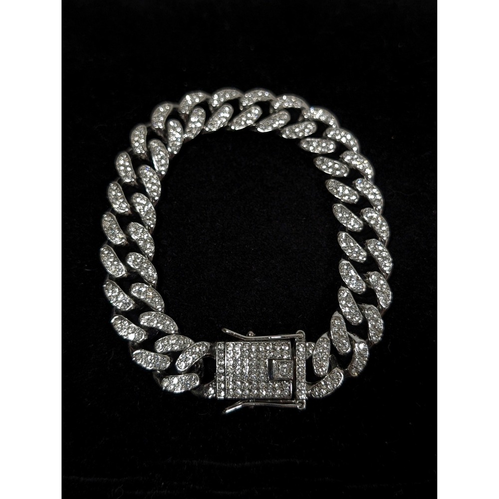 Silver Tone Pave Rhinestone Cuban Curb Link Bracelet 8" Hip Hop Statement
